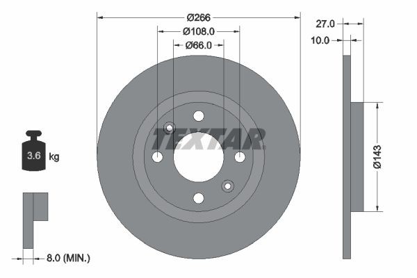 TEXTAR 92029900: Disco de freno Ø: 266mm, macizo, Ø: 266mm, sin buje de rueda, sin cojinete rueda, sin perno de sujeción de rueda