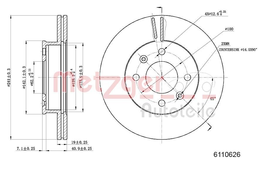 METZGER 6110626: Piduriketas esisild vasakul, esisild paremal, Ø: 241mm, sisemine õhutus, Ø: 241mm, värvitud, Ristlihvimine