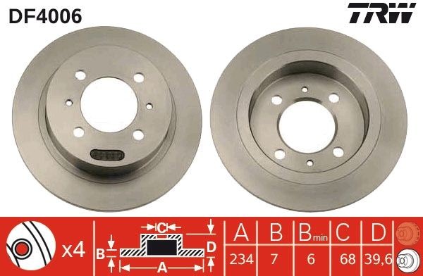 TRW DF4006: Δισκόπλακα Ø: 234mm, πλήρες, Ø: 234mm, βαμμένο