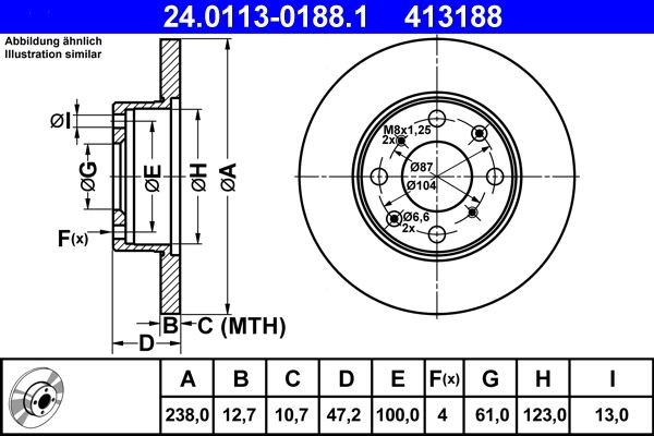 ATE 24.0113-0188.1: Δισκόπλακα Ø: 238mm, πλήρες, Ø: 238mm