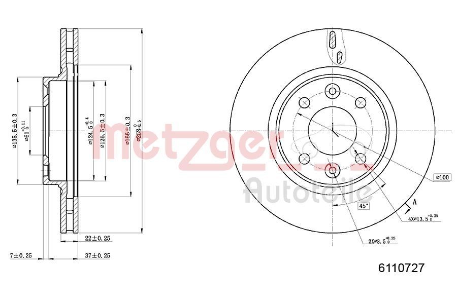 METZGER 6110727: Brzdový kotouč levá přední náprava, pravá přední náprava, R: 258mm, vnitřně větráno, R: 258mm, lakováno, Křížové broušení, se šrouby