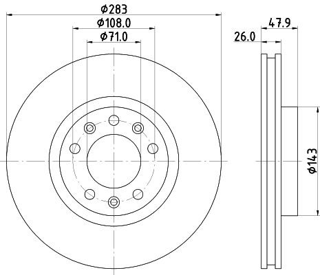 HELLA PAGID 8DD 355 120-481: Bremseskive PRO Ø: 283mm, indvendigt ventileret, Ø: 283mm, coatet, uden hjulnav, uden hjullejer, uden hjulbolte