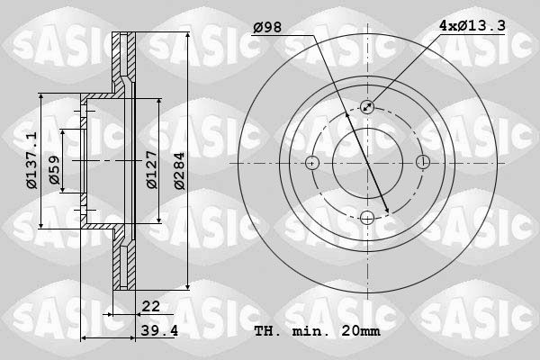 SASIC 9004815J: Piduriketas Esisild, Ø: 284mm, õhutusega, Ø: 284mm