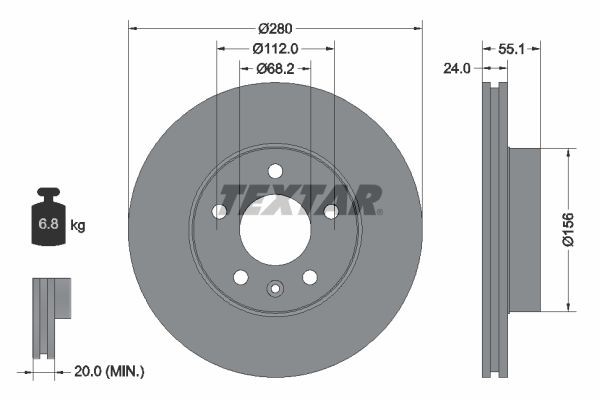 TEXTAR 92083805: Stabdžių diskas Ø: 280mm, vidinis ventiliavimas, Ø: 280mm, padengta, be rato stebulės, be rato guolio, be rato tvirtinimo smeigių PRO+
