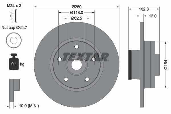 TEXTAR 92153703: Piduriketas Ø: 280mm, täis, Ø: 280mm, teljemutriga, kaetud, koos ABS-andurirõngaga, koos rattalaagriga, ilma rattakinnituspoltideta, koos rattakeskmega PRO