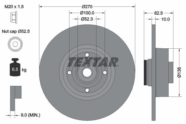 TEXTAR 92154503: Piduriketas Ø: 270mm, täis, Ø: 270mm, teljemutriga, kaetud, koos integreeritud magnetilise anduriga, koos rattalaagriga, ilma rattakinnituspoltideta, koos rattakeskmega PRO