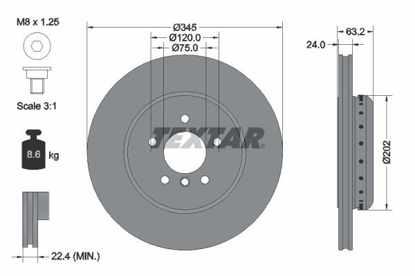 TEXTAR 92182525: Stabdžių diskas Ø: 345mm, išorinis ventiliavimas, dviejų dalių stabdžių diskas, Ø: 345mm, padengta, be rato stebulės, be rato guolio, be rato tvirtinimo smeigių, su varžtais PRO+