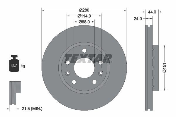 TEXTAR 92195505: Bremžu diski Ø: 280mm, ar ārējo ventilāciju, Ø: 280mm, pārklāts, bez riteņa rumbas, bez riteņa rumbas gultņa, bez riteņu stiprināšanas skrūvēm PRO+