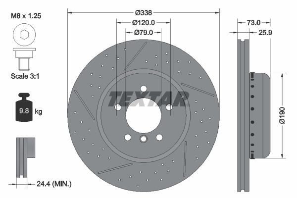 TEXTAR 92266925: Piduriketas Ø: 338mm, sisemine õhutus, piludega, perforeeritud, kaheosaline piduriketas, Ø: 338mm, kaetud, ilma rattakeskmeta, ilma rattalaagrita, ilma rattakinnituspoltideta, koos kruvidega PRO+