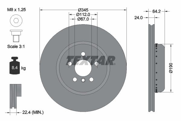 TEXTAR 92288625: Piduriketas PRO+ Ø: 345mm, sisemine õhutus, kaheosaline piduriketas, Ø: 345mm, kaetud, ilma rattakeskmeta, ilma rattalaagrita, ilma rattakinnituspoltideta, koos kruvidega