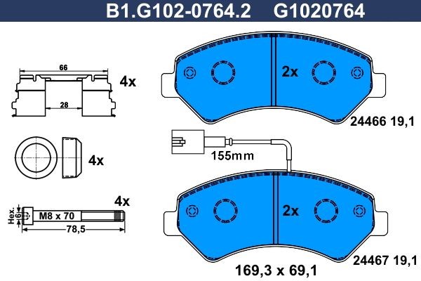 GALFER B1.G102-0764.2: Piduriklotsid koos lisadega, koos pidurisadula kruvidega