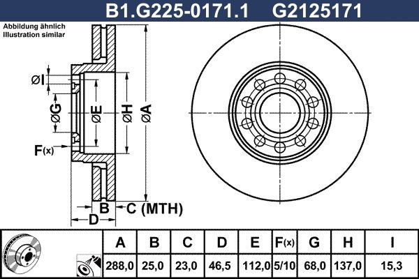 GALFER B1.G225-0171.1: Piduriketas Ø: 288mm, õhutusega, Ø: 288mm, kaetud