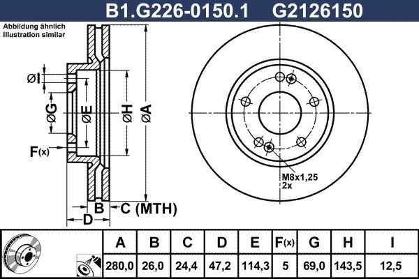 GALFER B1.G226-0150.1: Piduriketas Ø: 280,0mm, õhutusega, Ø: 280,0mm, kaetud