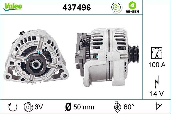 VALEO 437496: Laturi 100A REMANUFACTURED PREMIUM