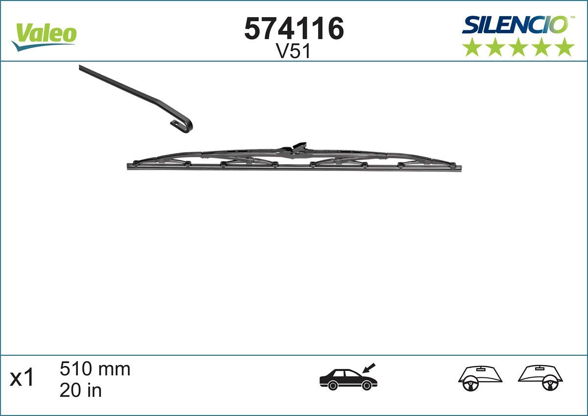 VALEO 574116: Scheibenwischer vorne, 510mm SILENCIO STANDARD, SILENCIO CONVENTIONAL SINGLE