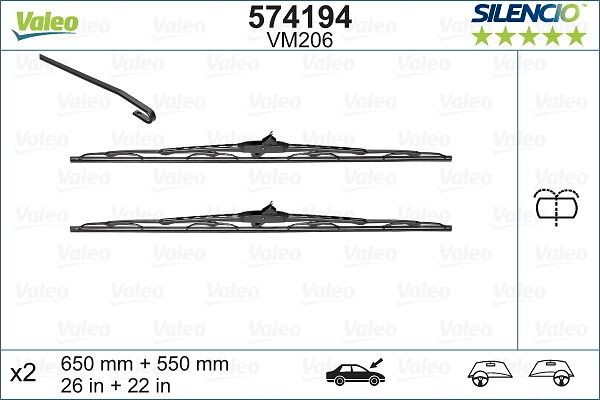 VALEO 574194: Ruitenwisser Voor, 650mm, Met ingebouwde wis/was sproeier SILENCIO PERFORMANCE, SILENCIO CONVENTIONAL SET