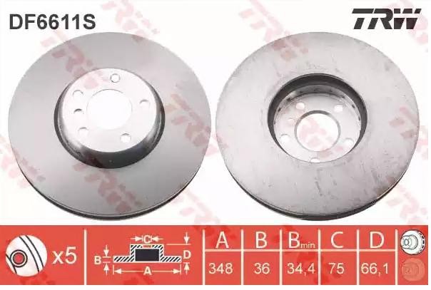 TRW DF6611S: Stabdžių diskas TRW SINGLE Ø: 348mm, ventiliuojama, dviejų dalių stabdžių diskas, Ø: 348mm