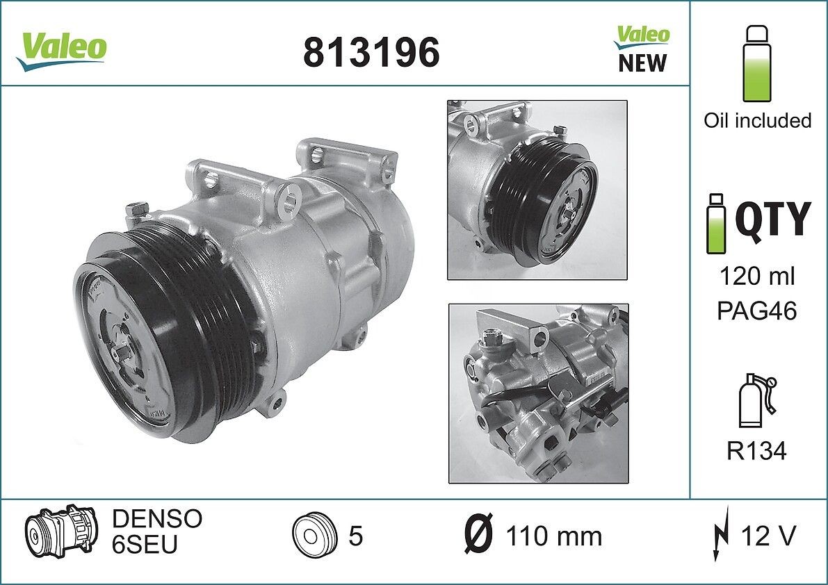 VALEO 813196: Kondicionieriaus kompresorius su PAG kompresorine alyva, NEW ORIGINAL PART