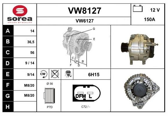 SNRA VW8127: Kintamosios srovės generatorius 150A, su integruotu reguliatoriumi