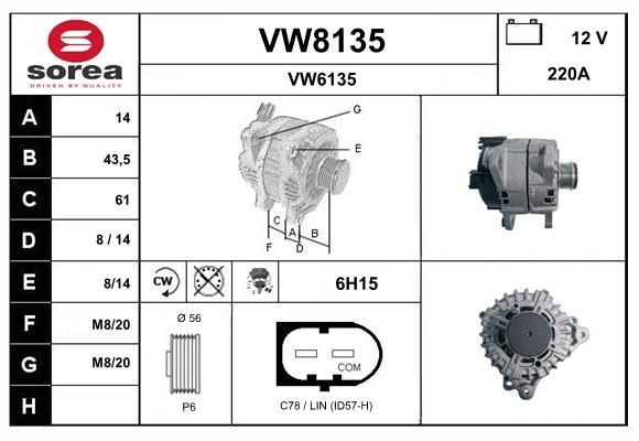 SNRA VW8135: Alternator 220A, cu regulator integrat