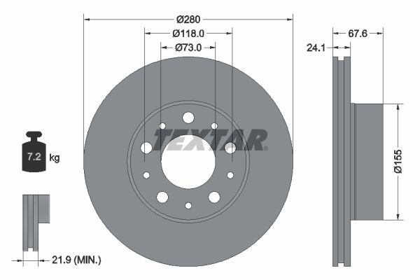TEXTAR 92275105: Féktárcsa Ø: 280mm, belső hűtésű, Ø: 280mm, bevonatolt, kerékagy nélkül, kerékcsapágy nélkül, kerékrögzítő csavar nélkül PRO+