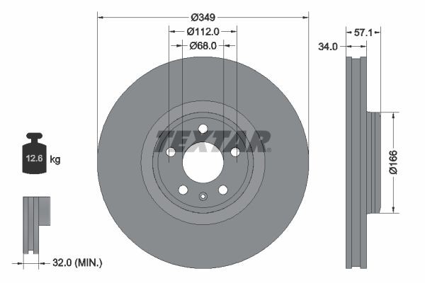 TEXTAR 92289305: Stabdžių diskas PRO+ Ø: 349mm, vidinis ventiliavimas, Ø: 349mm, padengta, be rato stebulės, be rato guolio, be rato tvirtinimo smeigių