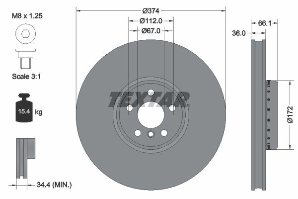 TEXTAR 92290325: Bremseskive PRO+ Ø: 374mm, indvendigt ventileret, todelt bremseskive, Ø: 374mm, coatet, uden hjulnav, uden hjullejer, uden hjulbolte, med skruer