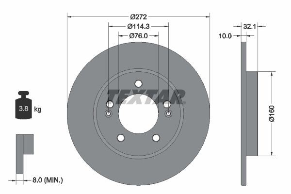 TEXTAR 92291703: Brzdový kotúč PRO Ø: 272mm, plný, Ø: 272mm, potiahnutá, bez náboja kolesa, bez ložiska kolesa, bez skrutiek upevnujucich koleso