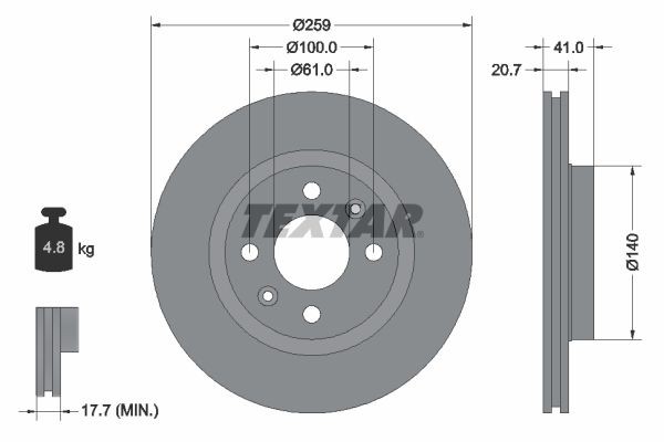 TEXTAR 92292103: Disco de freno Ø: 259mm, ventilación interna, Ø: 259mm, revestido, sin buje de rueda, sin cojinete rueda, sin perno de sujeción de rueda PRO