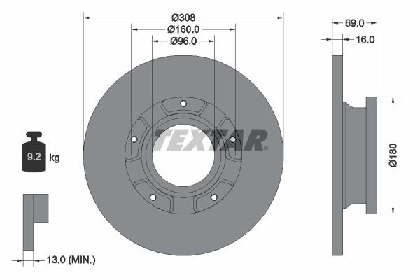 TEXTAR 92292603: Brzdový kotouč PRO R: 308mm, plný, R: 308mm, nátěr, bez náboje kola, bez ložiska (kola), bez šroubů vozidlového kola, s ABS senzorem