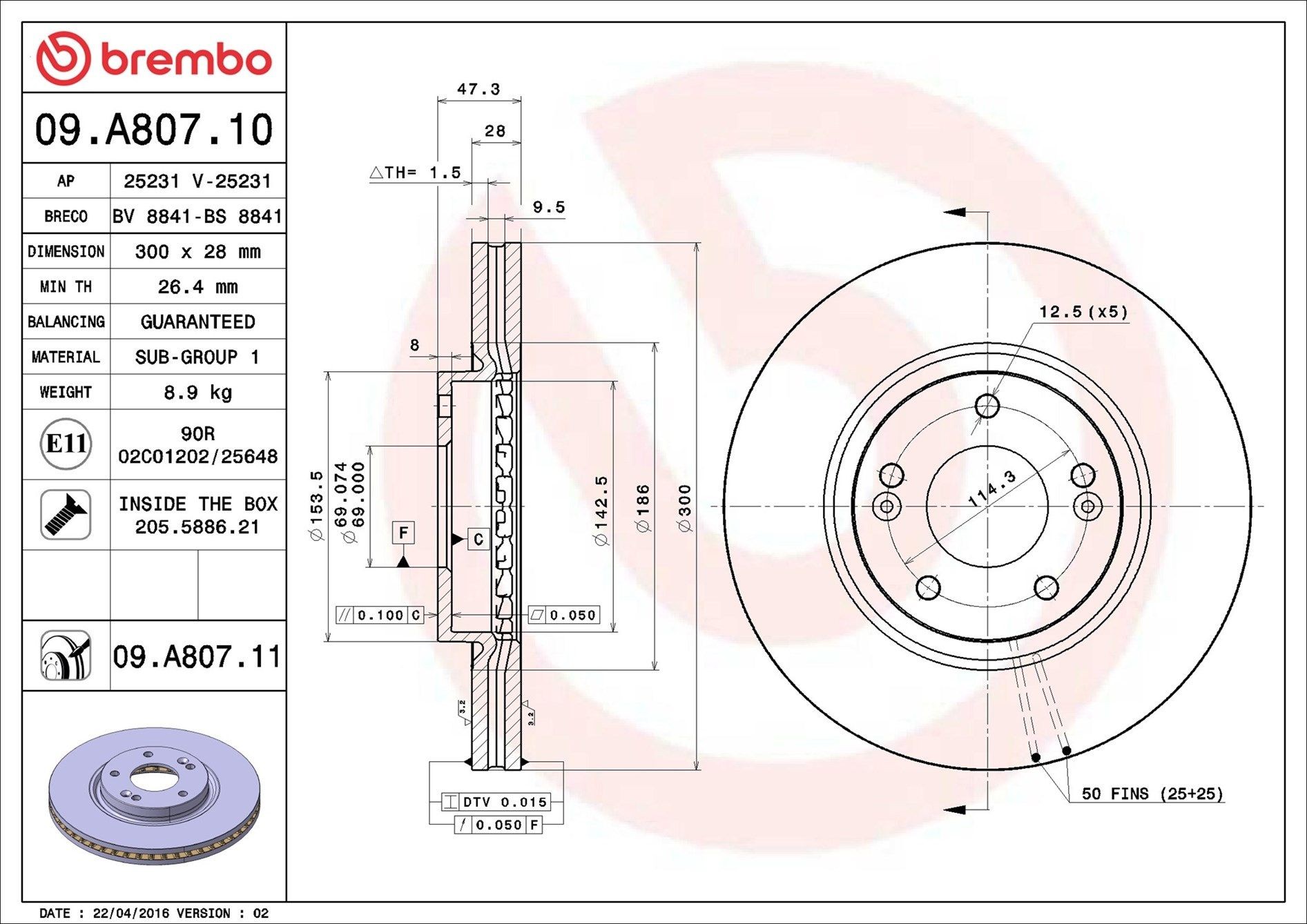 BREMBO 09.A807.11: Piduriketas Ø: 300mm, sisemine õhutus, Ø: 300mm, kaetud, koos kruvidega COATED DISC LINE