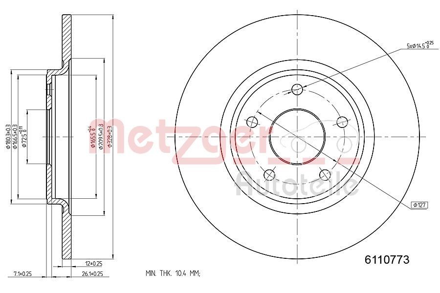 METZGER 6110773: Brzdový kotúč Zadna naprava, Ø: 328mm, plný, Ø: 328mm, lakovane, Krížový výbrus