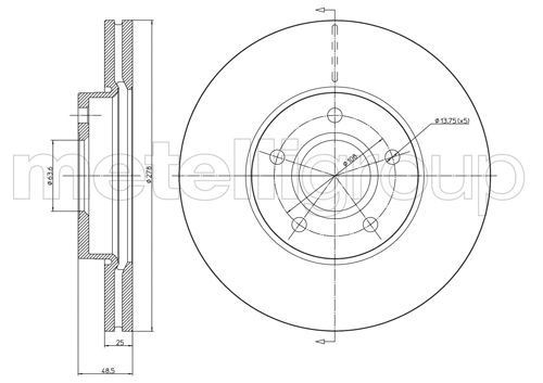 METELLI 23-0685C: Piduriketas Ø: 278,0mm, õhutusega, Ø: 278,0mm, värvitud