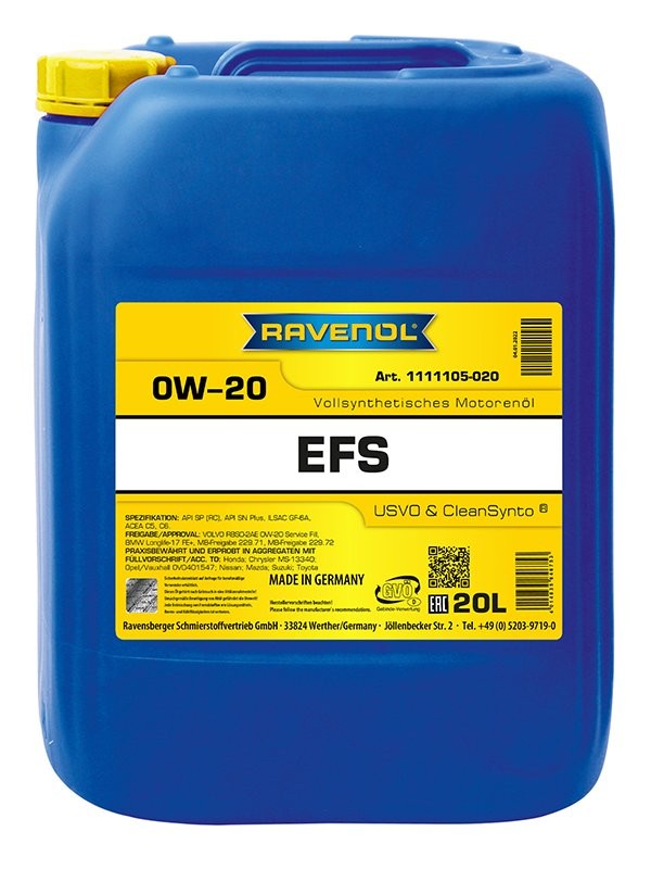 RAVENOL 1111105-020-01-999: Двигателно масло RAVENOL EFS SAE 0W-20 20литър, 0W-20 EFS, EcoFullSynth