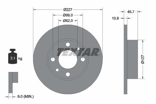TEXTAR 92019300: Piduriketas Ø: 227mm, täis, Ø: 227mm, ilma rattakeskmeta, ilma rattalaagrita, ilma rattakinnituspoltideta