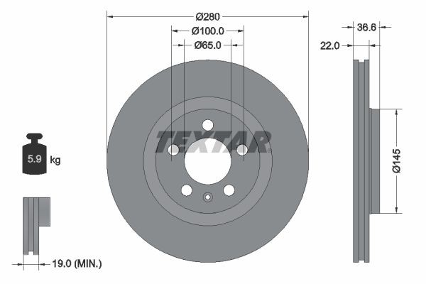 TEXTAR 92082300: Disc de frână Ř: 280mm, ventilat exterior, Ř: 280mm, fara butuc roata, fara rulment roata, fara suruburi de fixare roata