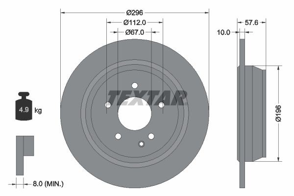 TEXTAR 93123500: Féktárcsa Ø: 296mm, tele, Ø: 296mm, kerékagy nélkül, kerékcsapágy nélkül, kerékrögzítő csavar nélkül