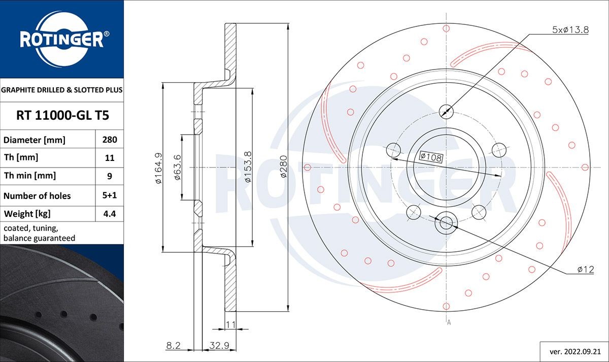 ROTINGER RT 11000-GL T5: Féktárcsa GRAPHITE DRILLED & SLOTTED PLUS hátsótengely, Ø: 280mm, tele, Lyuggatott, Ø: 280mm, galvanikus bevonattal