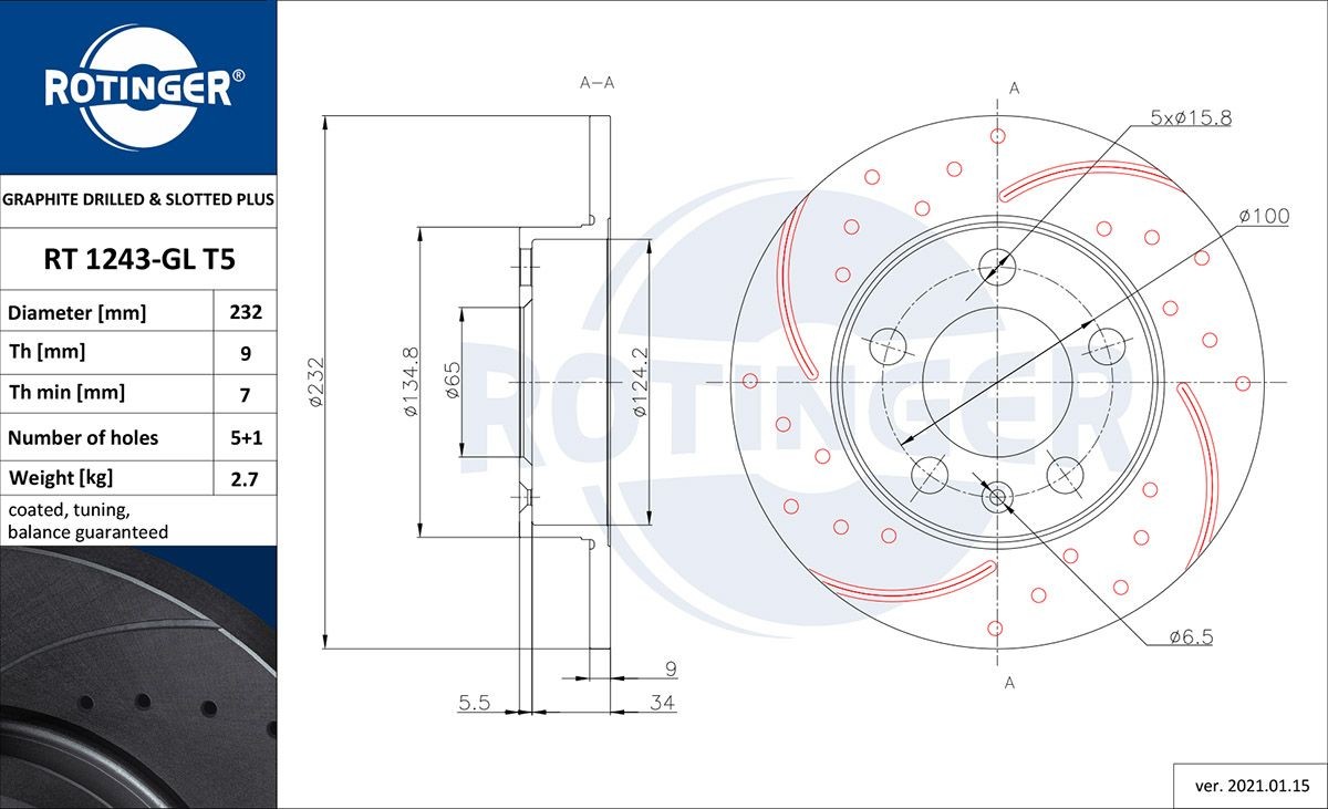 ROTINGER RT 1243-GL T5: Bremsscheibe GRAPHITE DRILLED & SLOTTED PLUS Hinterachse, Ø: 232mm, voll, gelocht, Ø: 232mm, galvanisch beschichtet