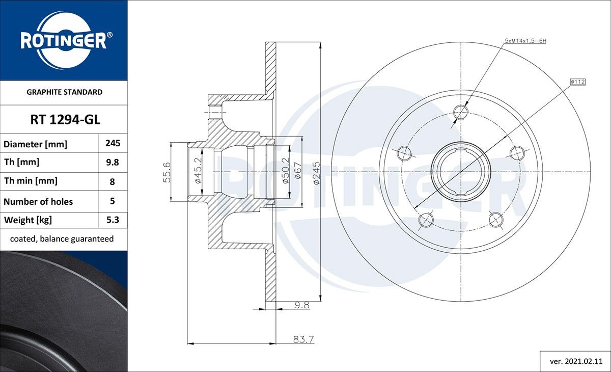 ROTINGER RT 1294-GL: Brzdový kotouč GRAPHITE LINE Zadní náprava, R: 244,8mm, plný, R: 244,8mm, galvanizováno