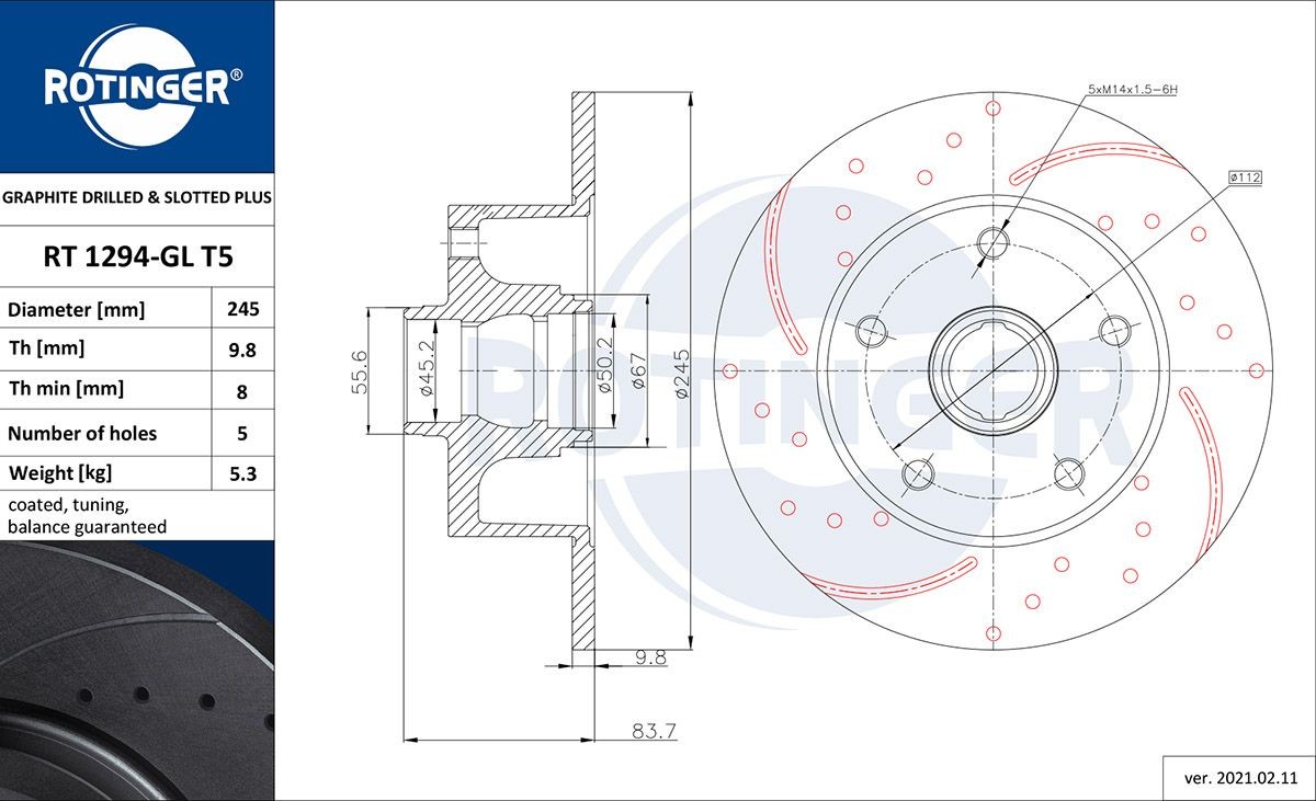 ROTINGER RT 1294-GL T5: Disc de frână GRAPHITE DRILLED & SLOTTED PLUS puntea spate, Ř: 244,8mm, plin, perforat, Ř: 244,8mm, acoperit galvanic