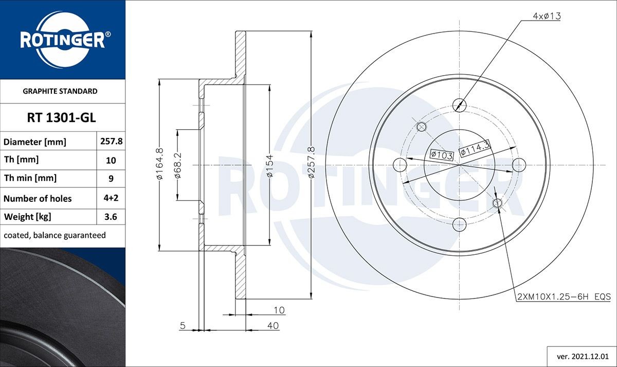 ROTINGER RT 1301-GL: Disco freno GRAPHITE LINE Assale posteriore, Ø: 257,8mm, pieno, Ø: 257,8mm, Rivestimento galvanico