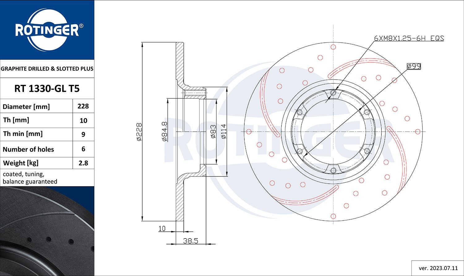 ROTINGER RT 1330-GL T5: Brzdový kotúč GRAPHITE DRILLED & SLOTTED PLUS predna naprava, Ø: 228mm, plný, dierovany, Ø: 228mm, galvanicky upravené