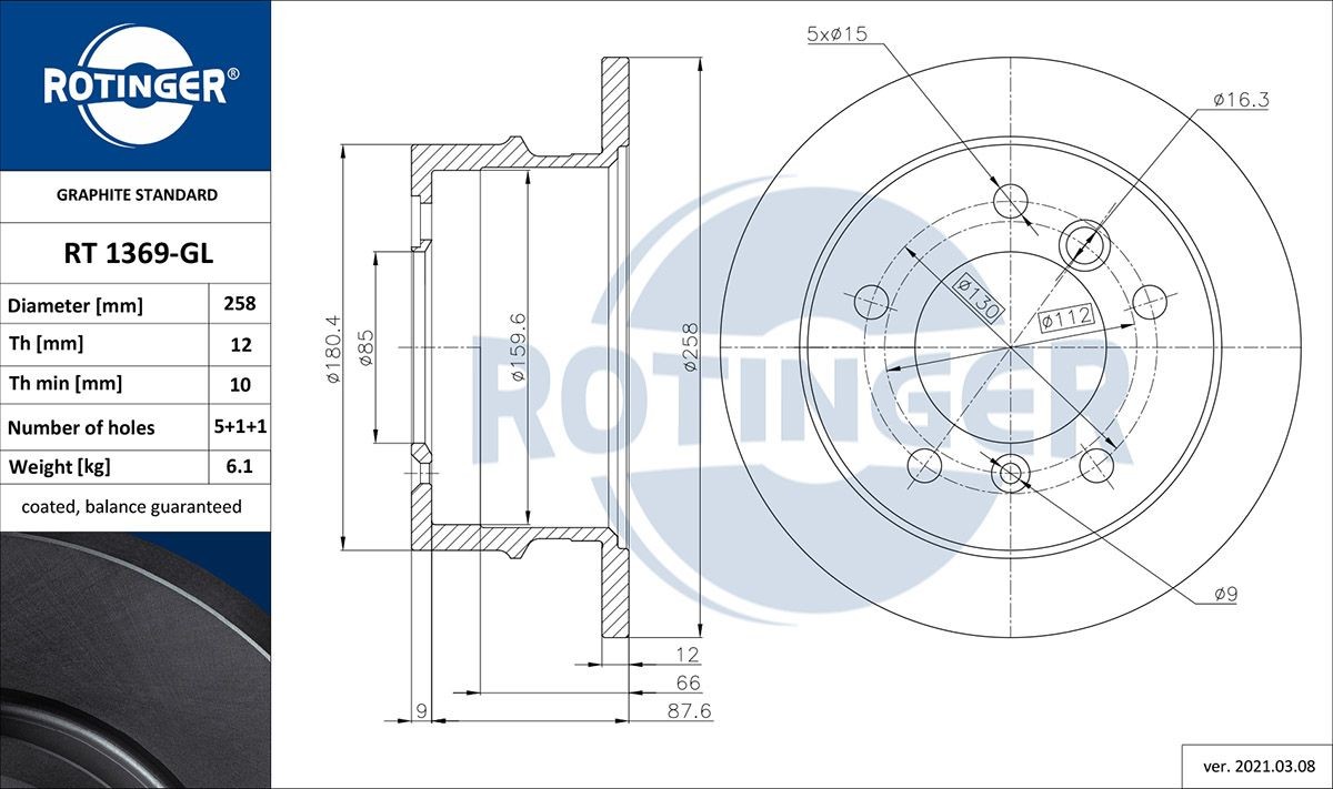 ROTINGER RT 1369-GL: Stabdžių diskas GRAPHITE LINE galinė ašis, Ø: 258mm, visiškai, Ø: 258mm, dirbtinai padengtas