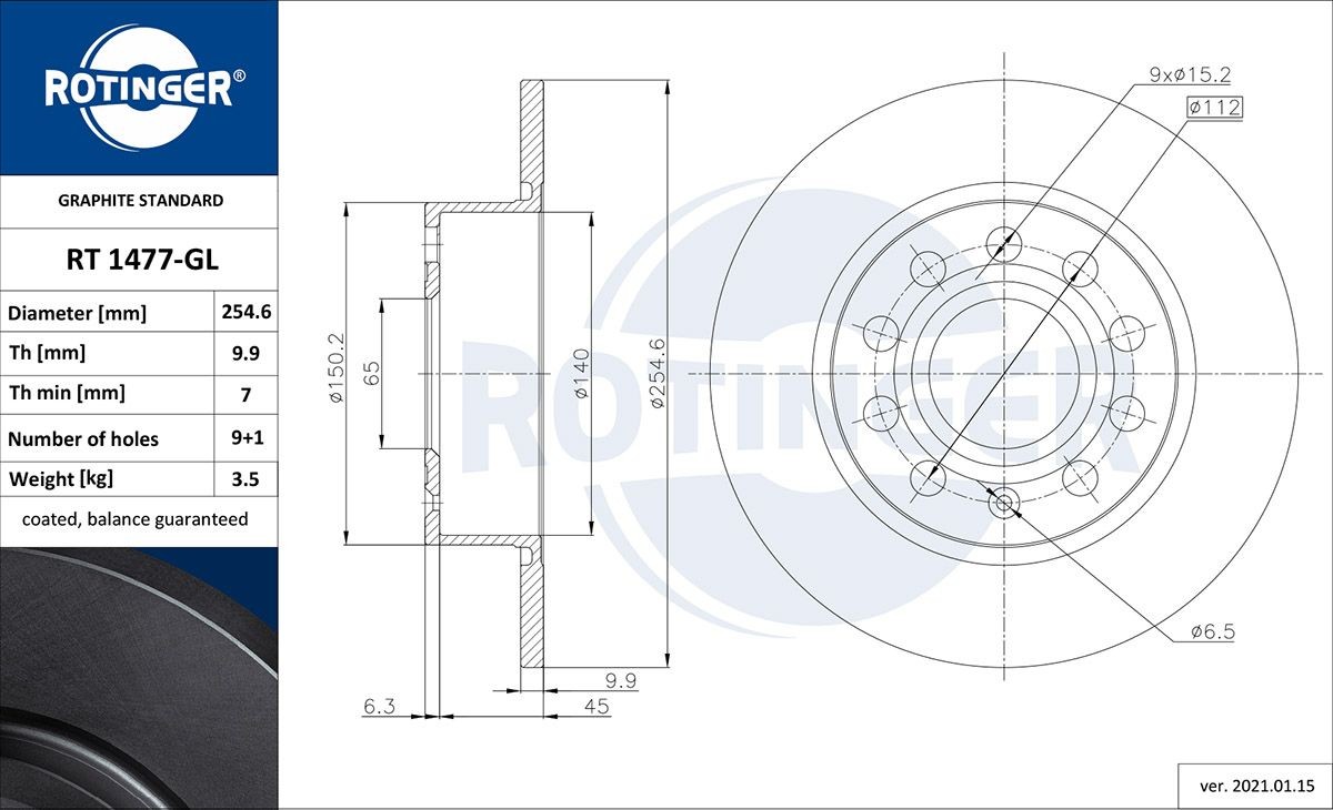ROTINGER RT 1477-GL: Piduriketas GRAPHITE LINE Tagasild, Ø: 255mm, täis, Ø: 255mm, tsingitud