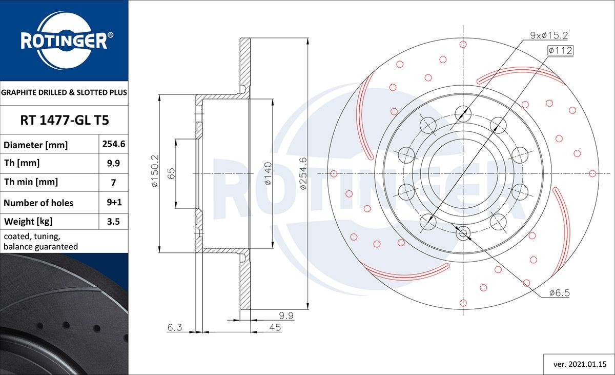 ROTINGER RT 1477-GL T5: Piduriketas GRAPHITE DRILLED & SLOTTED PLUS Tagasild, Ø: 255mm, täis, perforeeritud, Ø: 255mm, tsingitud