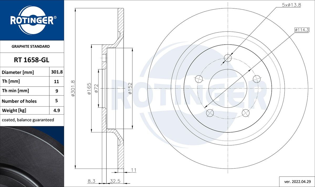 ROTINGER RT 1658-GL: Disco de freno GRAPHITE LINE Eje trasero, Ø: 301,8mm, macizo, Ø: 301,8mm, con revestimiento galvánico