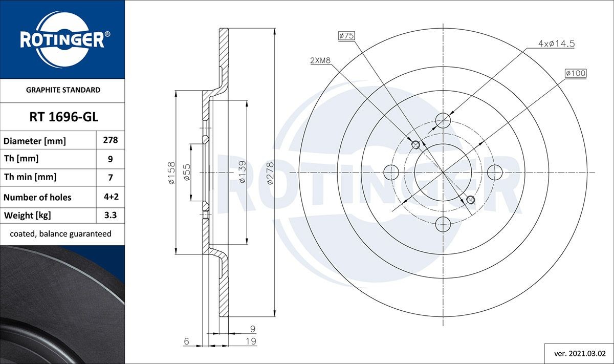 ROTINGER RT 1696-GL: Disco de freno GRAPHITE LINE Eje trasero, Ø: 278mm, macizo, Ø: 278mm, con revestimiento galvánico