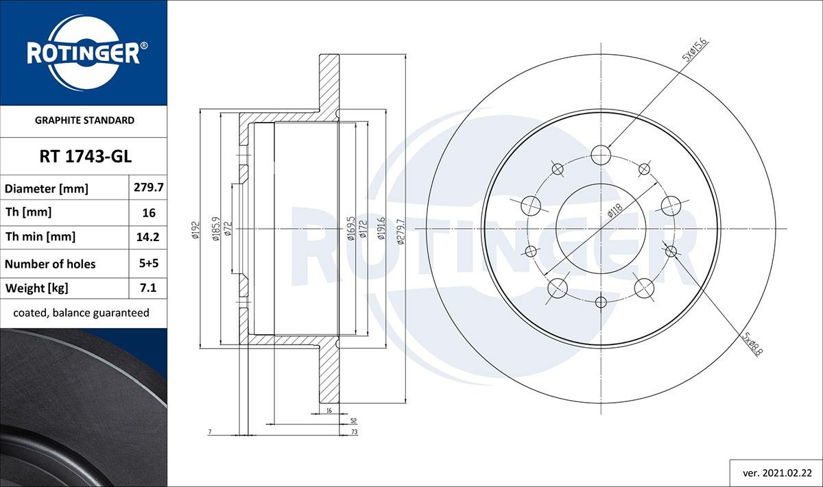 ROTINGER RT 1743-GL: Féktárcsa GRAPHITE LINE hátsótengely, Ø: 280mm, tele, Ø: 280mm, galvanikus bevonattal