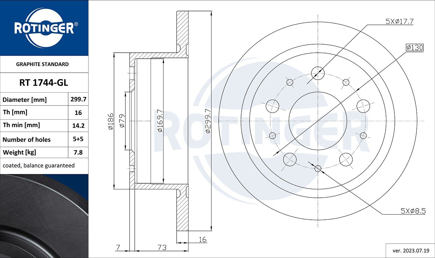 ROTINGER RT 1744-GL: Féktárcsa GRAPHITE LINE hátsótengely, Ø: 299,7mm, tele, Ø: 299,7mm, galvanikus bevonattal